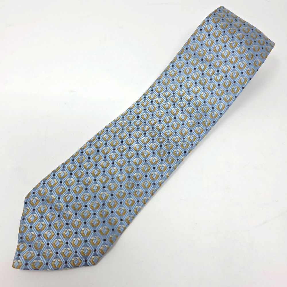 Ermenegildo Zegna Silk Tieā Mens Blue Gold Geometric Hexagon Classic Italy 58"
